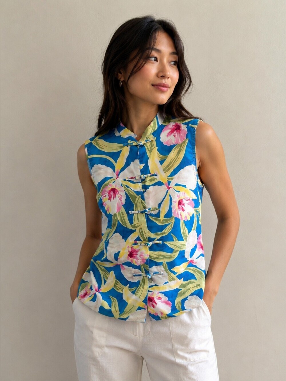 ❤️ LAUREN RALPH LAUREN VINTAGE MANDARIN COLLAR TROPICAL HIBISCUS COTTON TOP